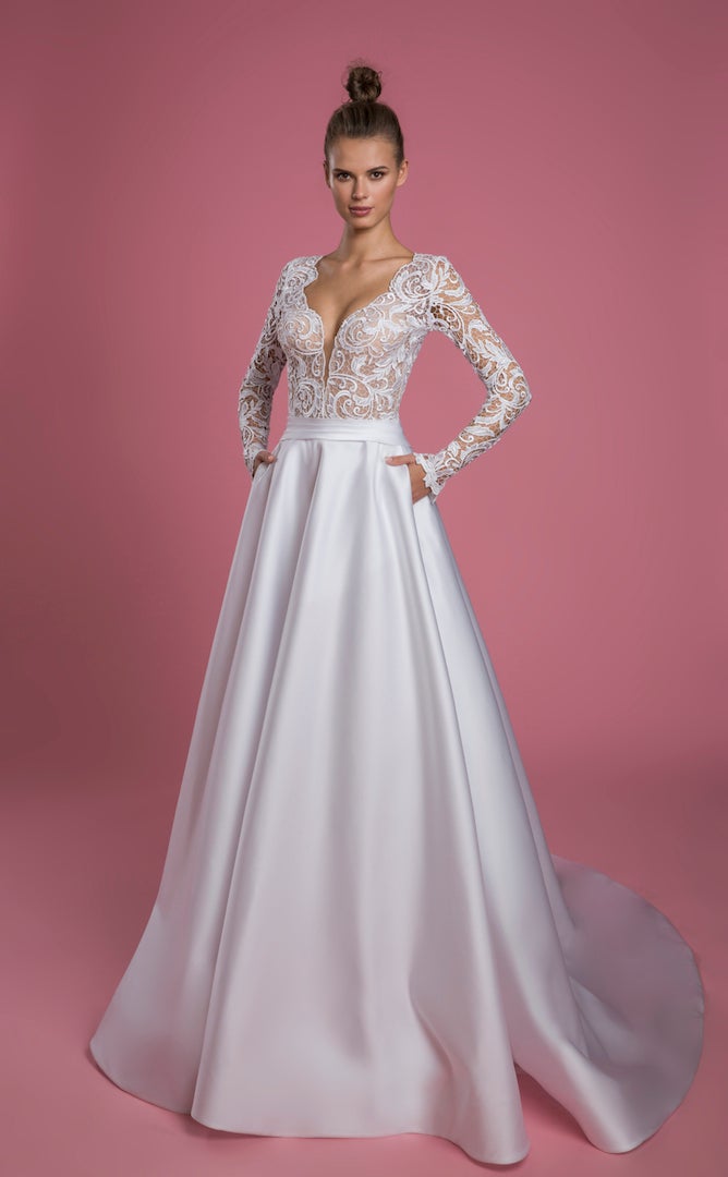 Long Sleeve V Neck A Line Wedding Dress With Lace Bodice And Satin