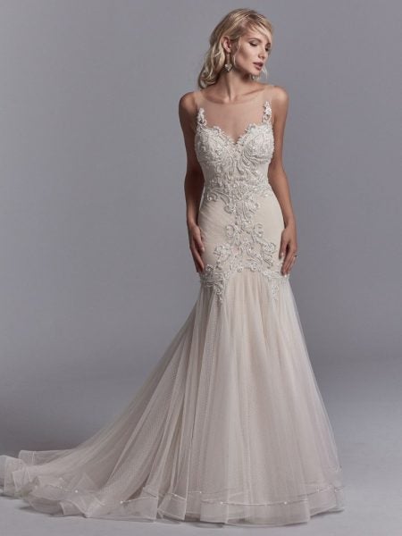 Sheath gown with beaded sweetheart neckline skirt