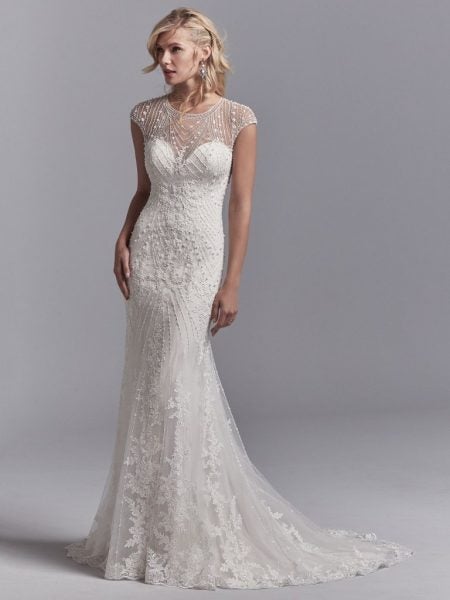 Sweetheart long sleeve beaded lace a line wedding dress with cap sleeves