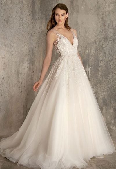 A line v neck lace prom dress