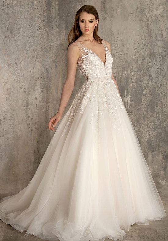 Embellished Lace And Tulle V  neck  A line Wedding  Dress  