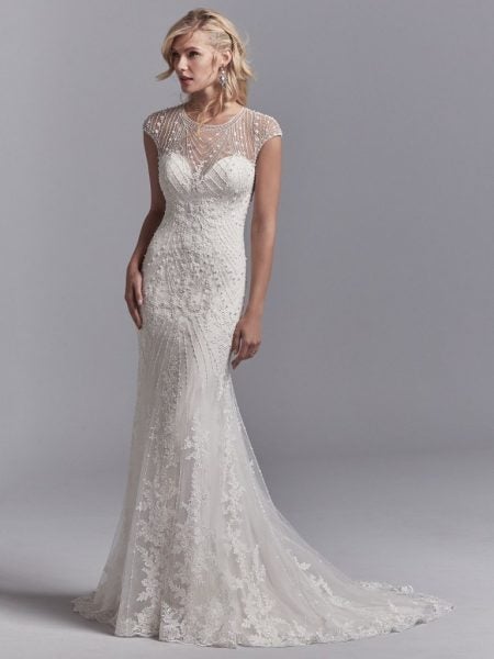 sottero and midgley illusion cap sleeve beaded and embroidered fit and flare wedding dress with tulle overlay 33753005 2 450x600