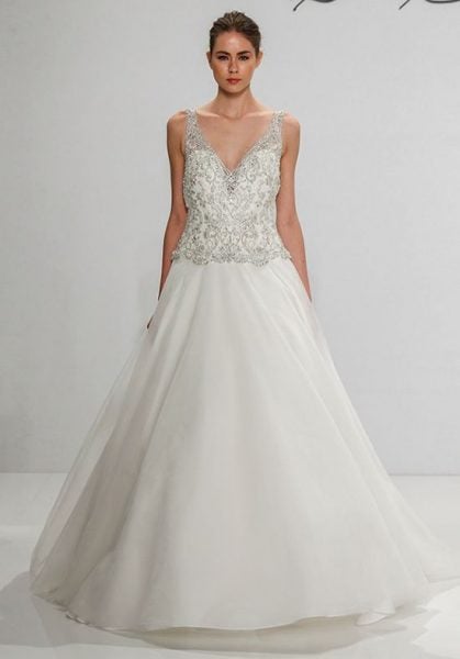 V neck Beaded  Silk A line  Wedding  Dress  Kleinfeld Bridal 