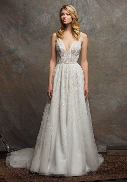  Beaded  Bodice V neck Sleeveless A line  Wedding  Dress  