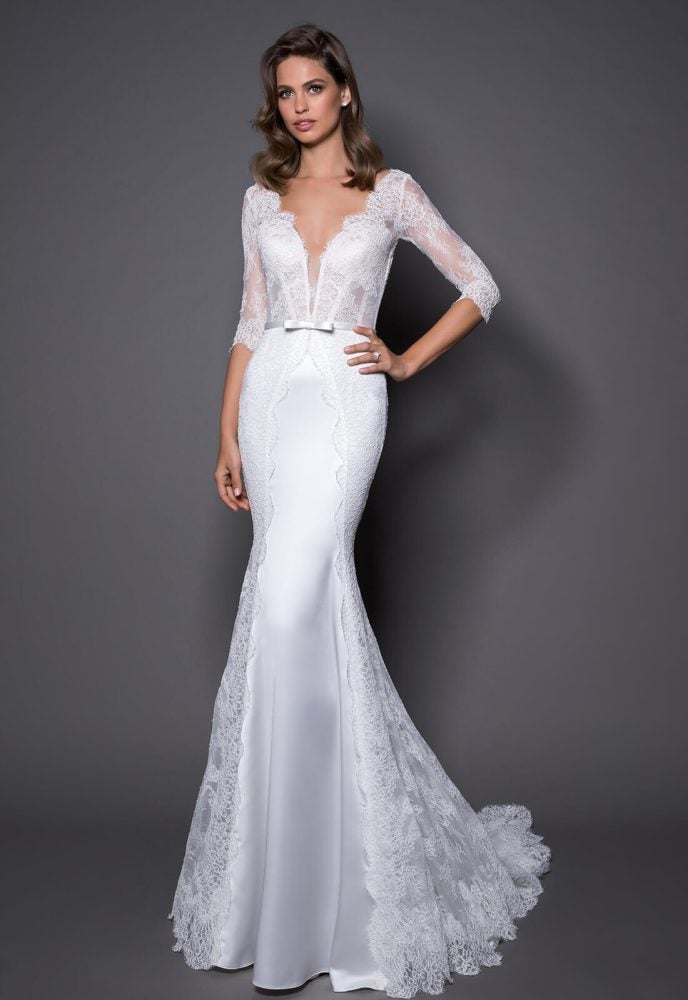 3/4 Sleeve Lace And Satin Wedding Dress With Covered ...