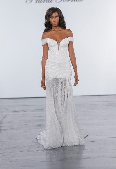 Glitter Draped Sheath Gown With Sheer Skirt With Slit by Pnina Tornai