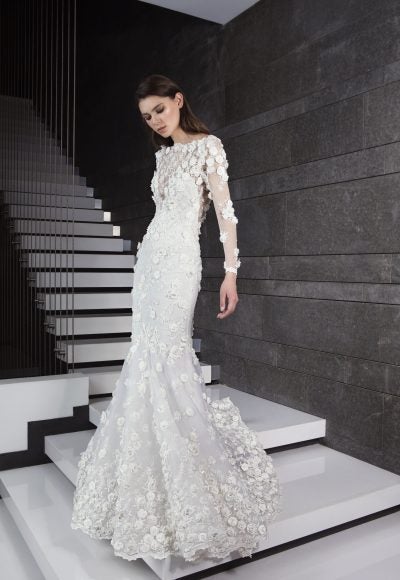 Long Sleeve 3D Floral Applique Mermaid Wedding Dress by Tony Ward