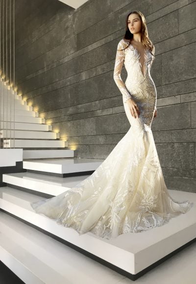 Long Sleeve Deep V-neck Embroidery Detailed Mermaid Wedding Dress by Tony Ward