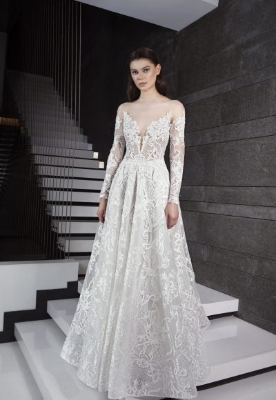 Long Sleeve Illusion Deep Sweetheart Neck Lace A-line Wedding Dress by Tony Ward