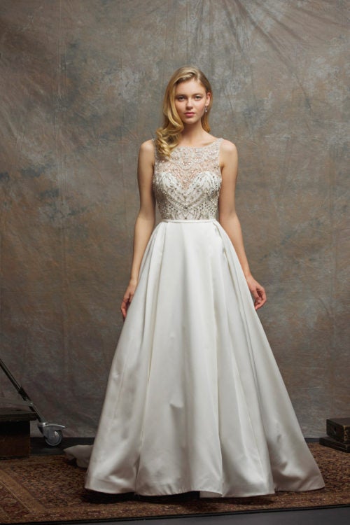  Beaded  Bodice Satin Skirt A line  Wedding  Dress  Kleinfeld 