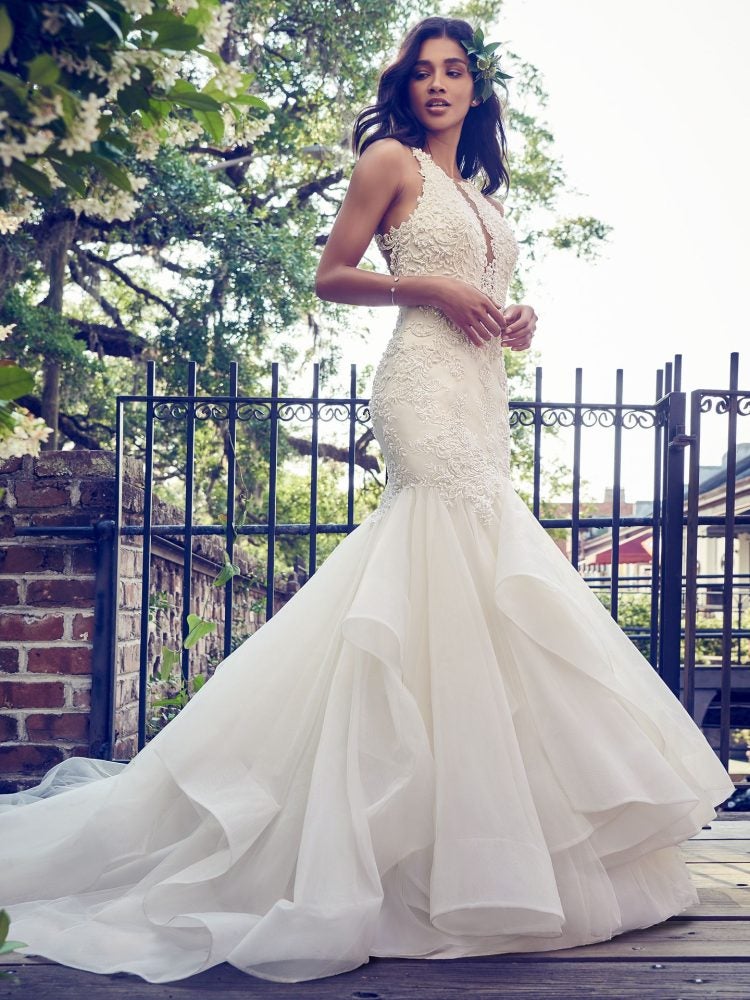 Deep V-neck Halter Lace Applique Fit And Flare Wedding Dress by Maggie Sottero - Image 1