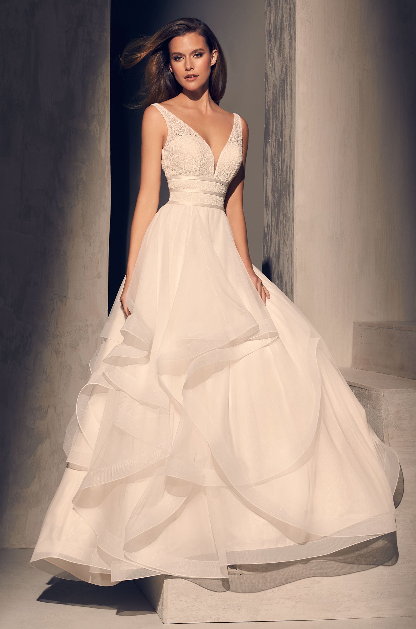 ruffled ball gown wedding dress