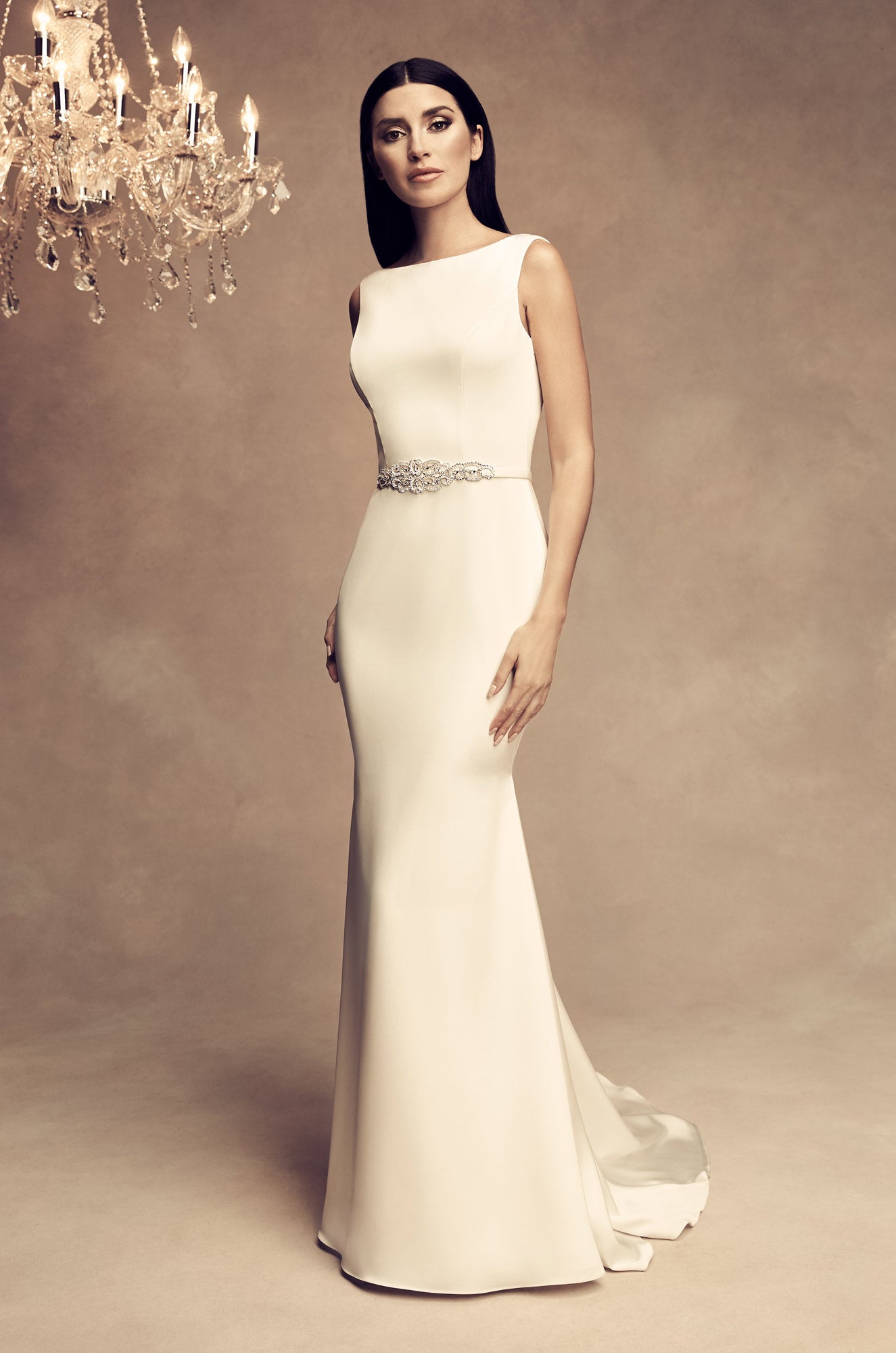 boat neck fit and flare wedding dress