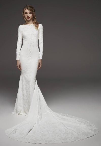Bateau Neckline Long Sleeve Simply Elegant Wedding Dress by Pronovias