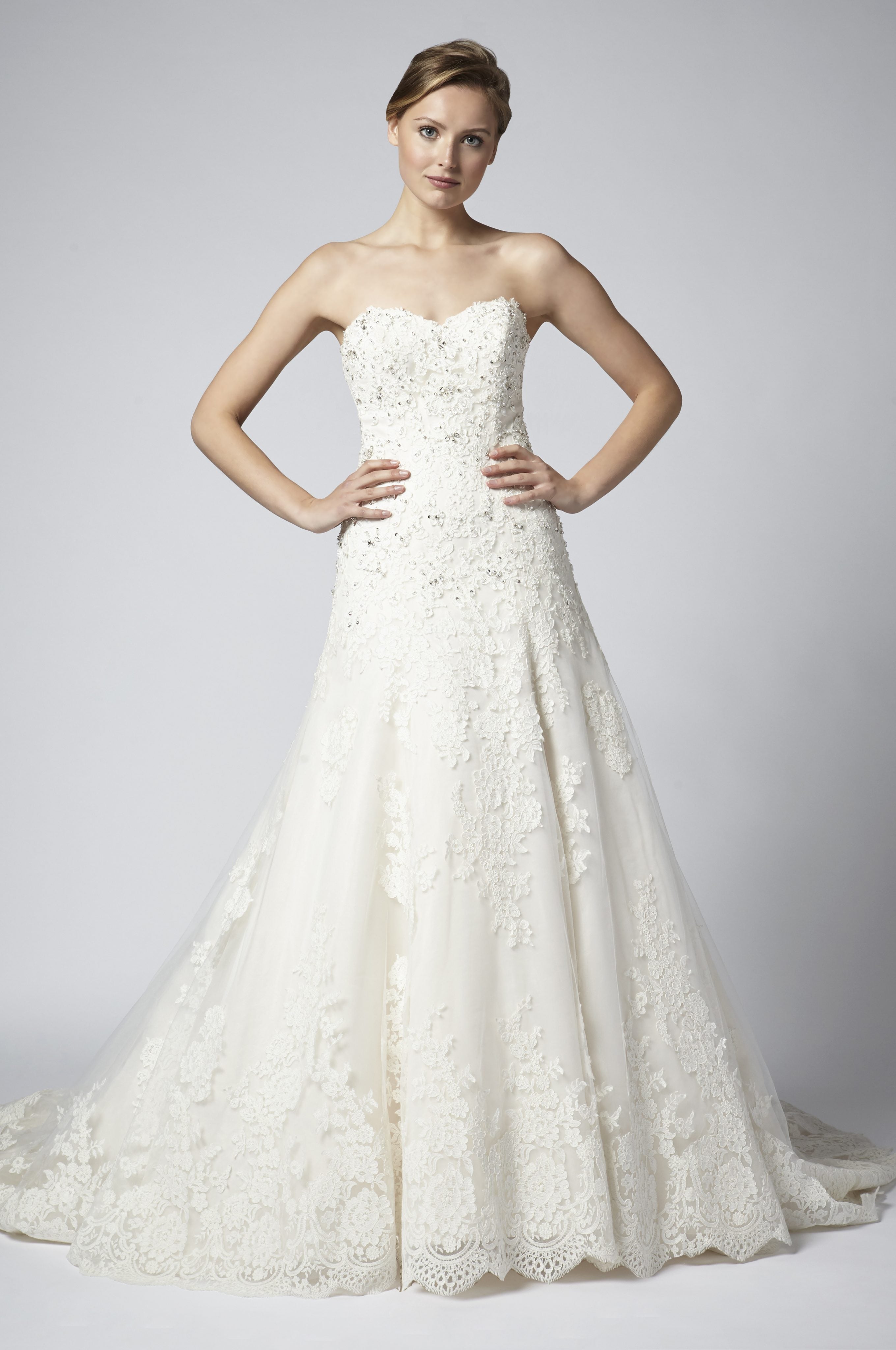 Strapless Lace Beaded  A line  Wedding  Dress  Kleinfeld Bridal 