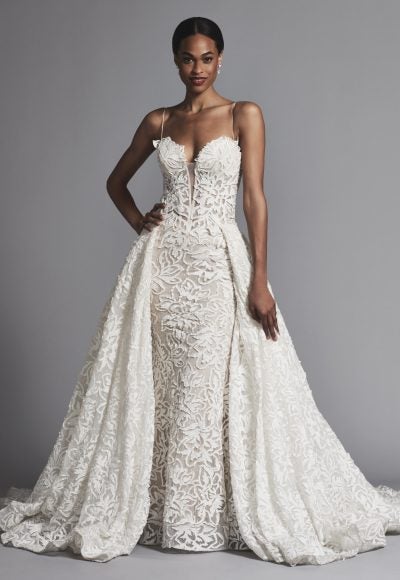 Couture And Sexy Lace Sheath Wedding Dress With Dramatic Overskirt by Pnina Tornai