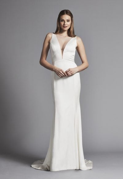 Deep V-neck Sleek Sheath Sleeveless Wedding Dress by Pnina Tornai