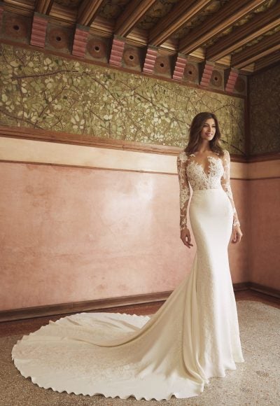 Long Sleeve Illusion Neckline Lace Bodice Sheath Wedding Dress With Crepe Skirt by Pronovias x Kleinfeld