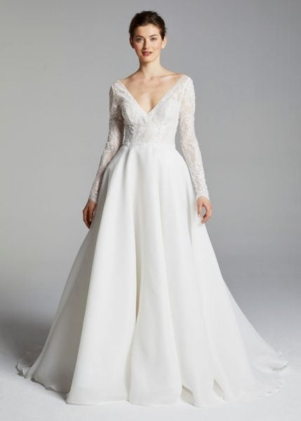 Long Sleeve V neck Beaded  Lace Bodice A line  Wedding  Dress  