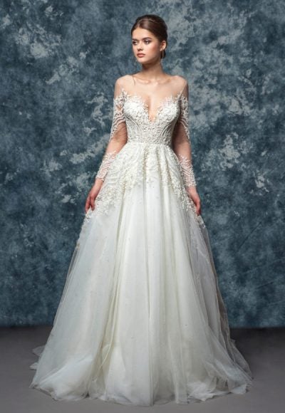 Illusion Off The Shoulder Beaded Lace A-line Wedding Dress by Enaura Bridal