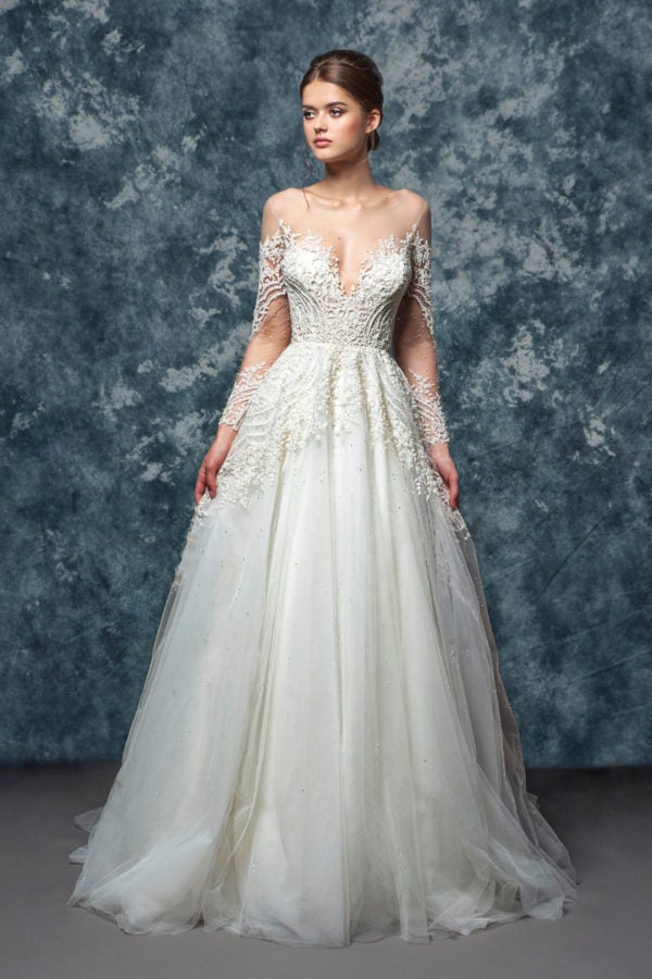 off shoulder illusion wedding dress