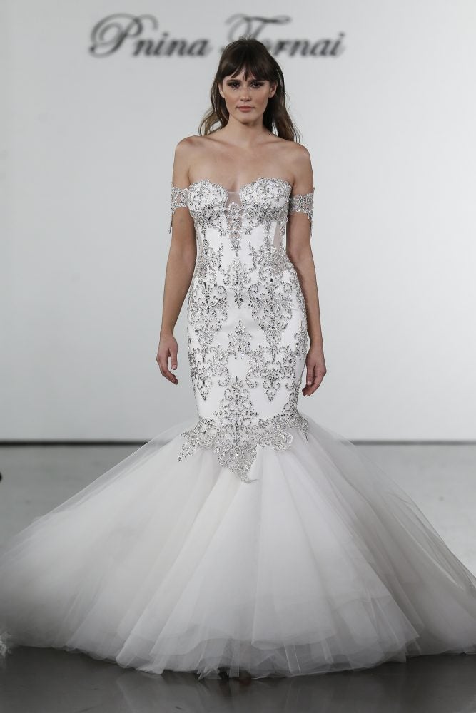 Crystal Embellished Mermaid Tulle Skirt Wedding Dress by Pnina Tornai - Image 1
