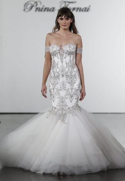 Crystal Embellished Mermaid Tulle Skirt Wedding Dress by Pnina Tornai