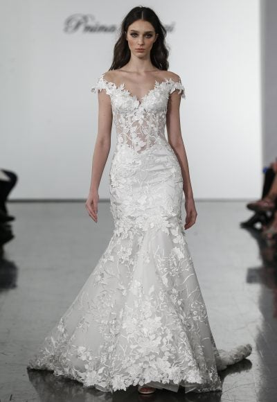 Floral Lace Off The Shoulder Mermaid Wedding Dress by Pnina Tornai