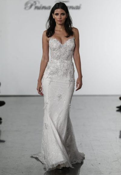Sweetheart Lace Sheath With Embroidered Flowers by Pnina Tornai