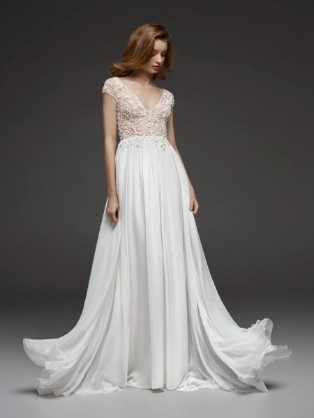 Beaded Cap Sleeve  V neck Bodice Flowy  A line  Wedding  Dress  