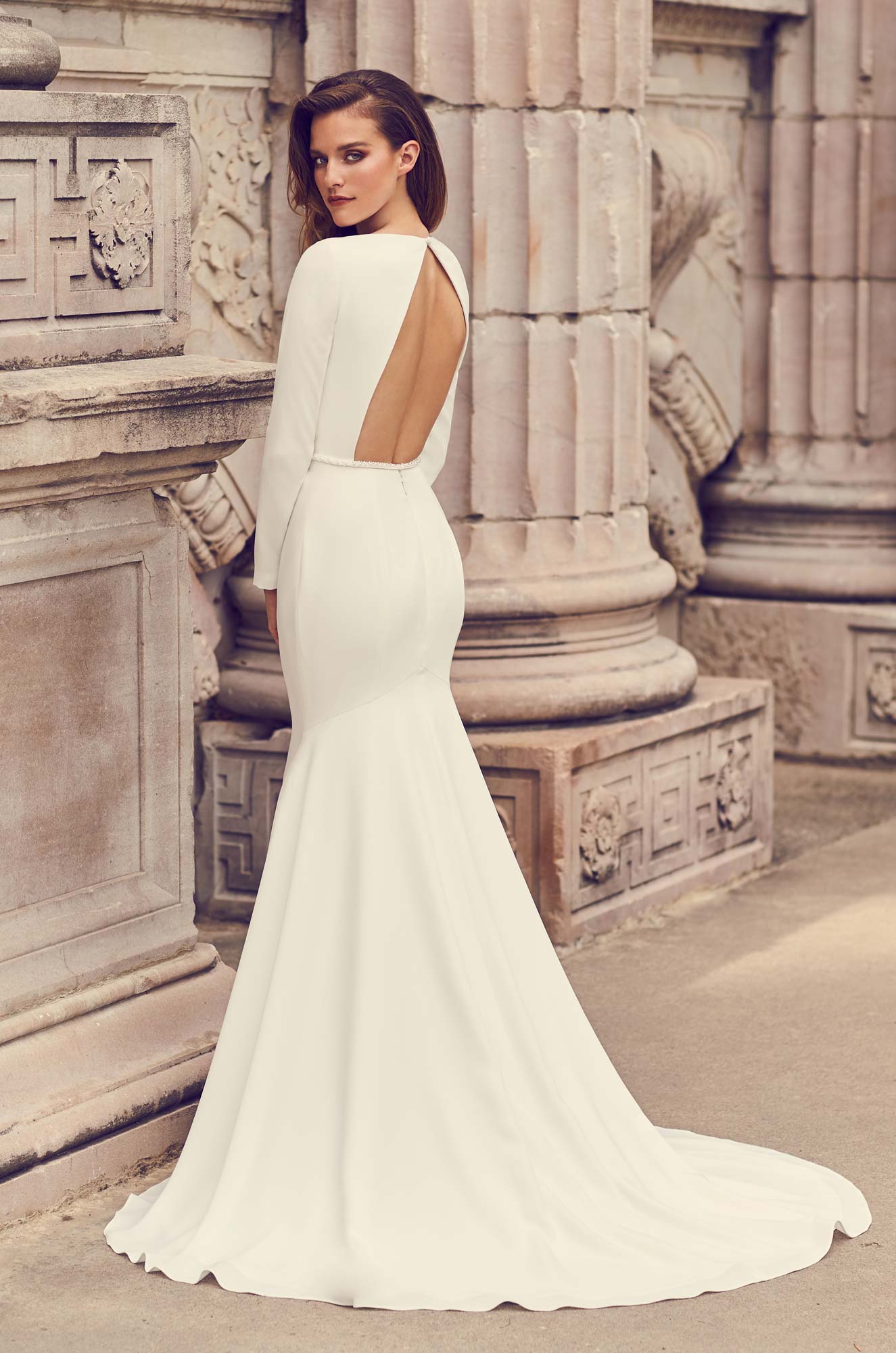 Long Sleeve Open  Back  Crepe Fit And Flare Wedding  Dress  