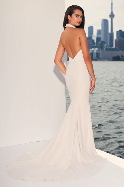 Halter Top Crepe Open  Back  Fit And Flare Wedding  Dress  