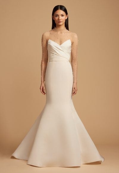 Fit And Flare Silk Strapless Gown With Illusion Sleeves. by Allison Webb