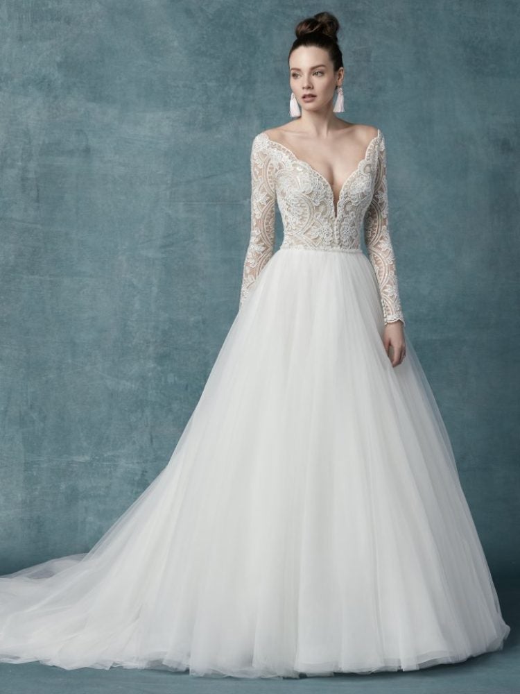 Long Sleeve Lace Tulle Ball Gown Wedding Dress by Maggie Sottero - Image 1
