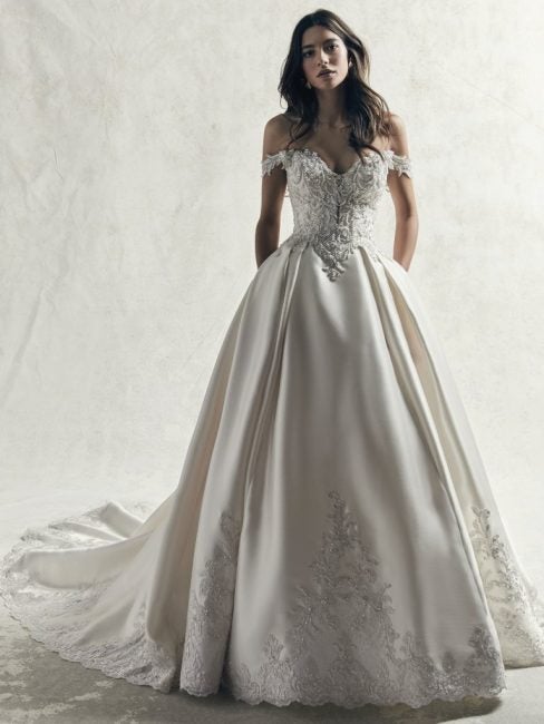 Off The Shoulder Beaded Lace Bodice And Mikado Skirt Ball Gown Wedding Dress | Kleinfeld Bridal