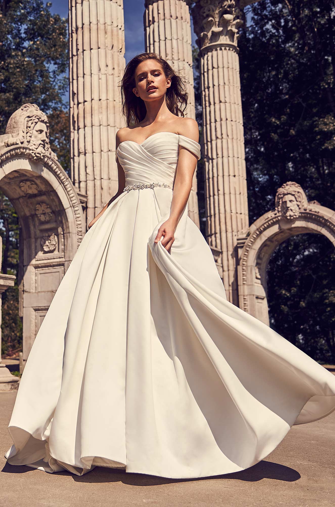 Off The Shoulder Satin Ball Gown With Pleated Bodice, Beaded Belt And ...
