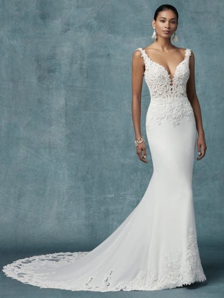 Crepe Sheath Lace Wedding  Dress  Kleinfeld Bridal 