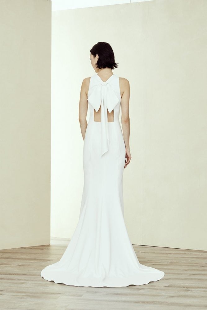 high neck fit and flare wedding dress