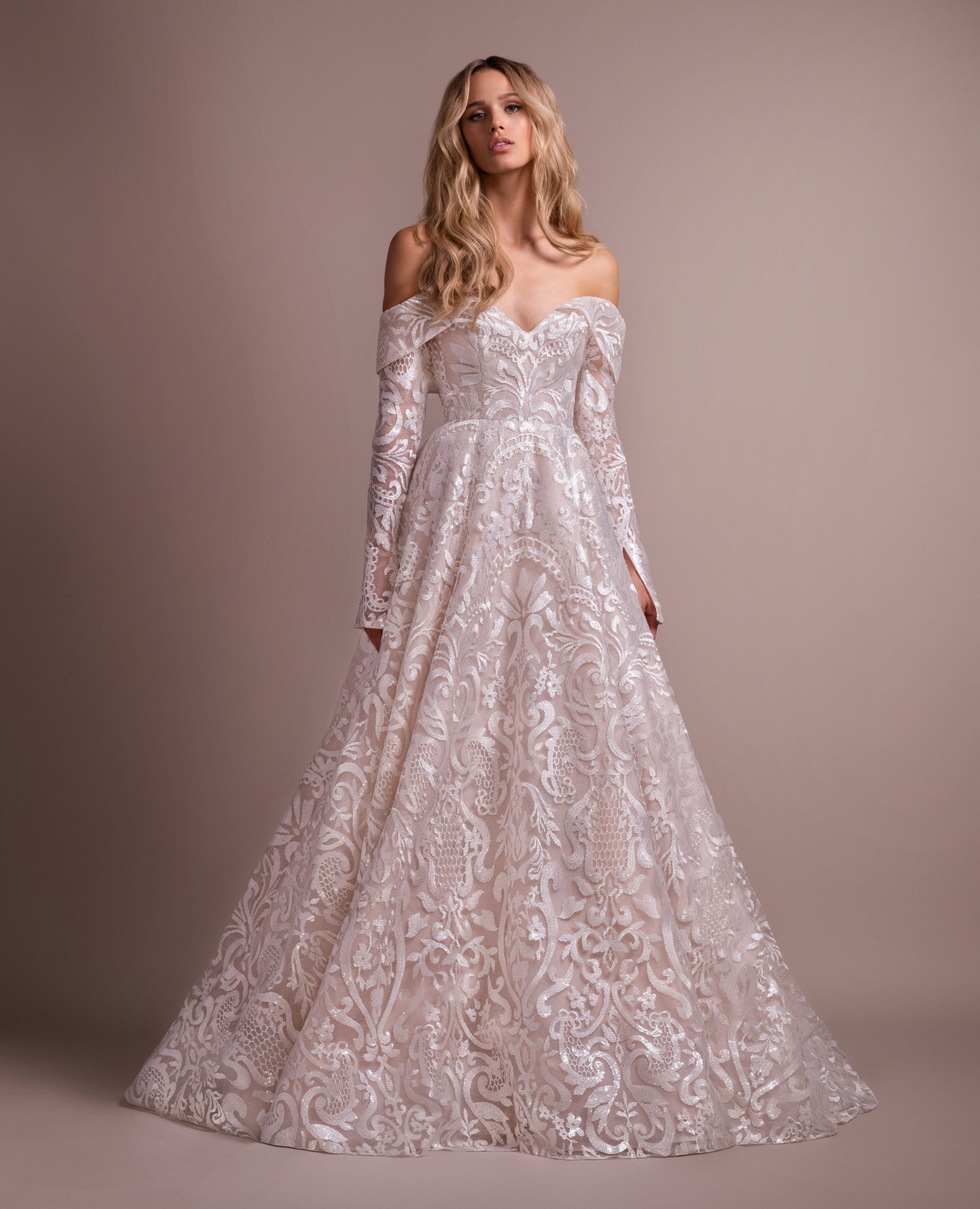 wedding gown off shoulder lace sleeves