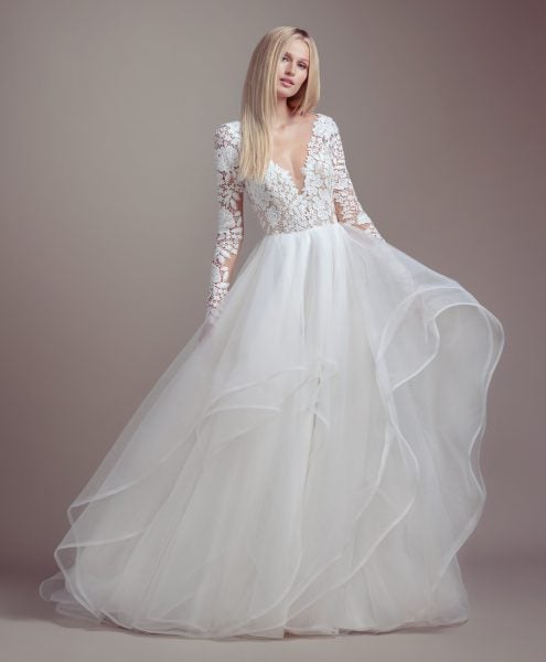 long sleeve lace wedding dress with tulle skirt