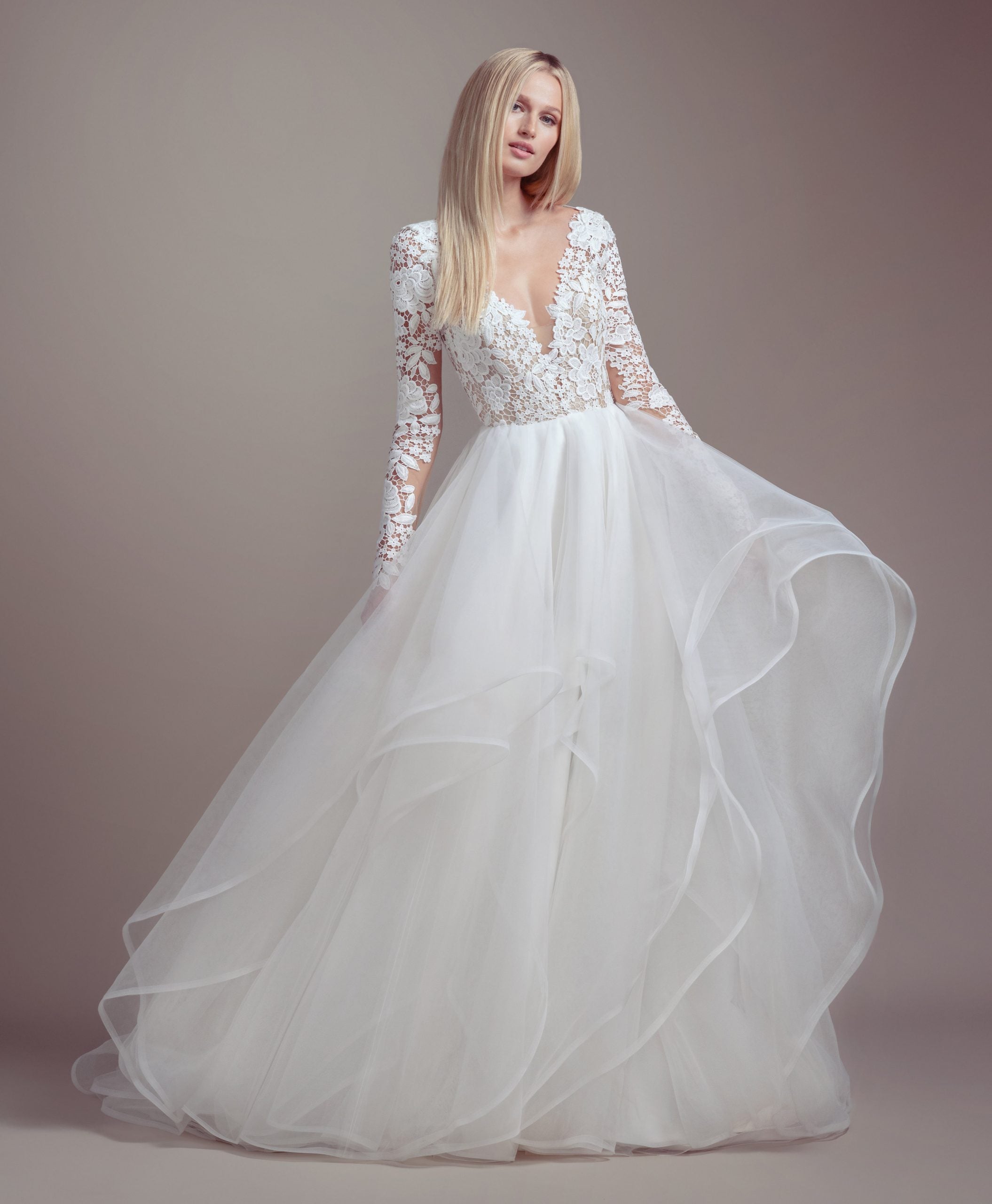 Lace Bodice Long Sleeve Ball Gown 