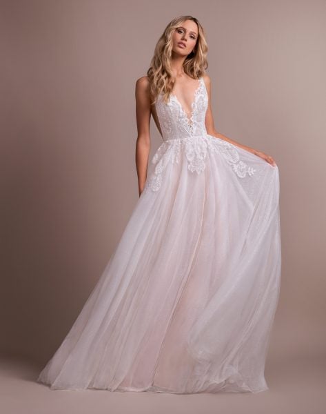  Deep  V  neck  Lace Detailed Bodice A line  Wedding  Dress  
