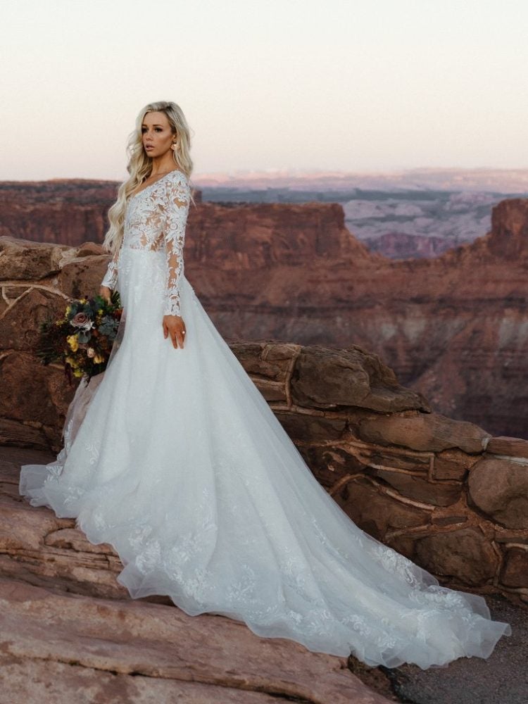 long sleeve lace wedding dress long train