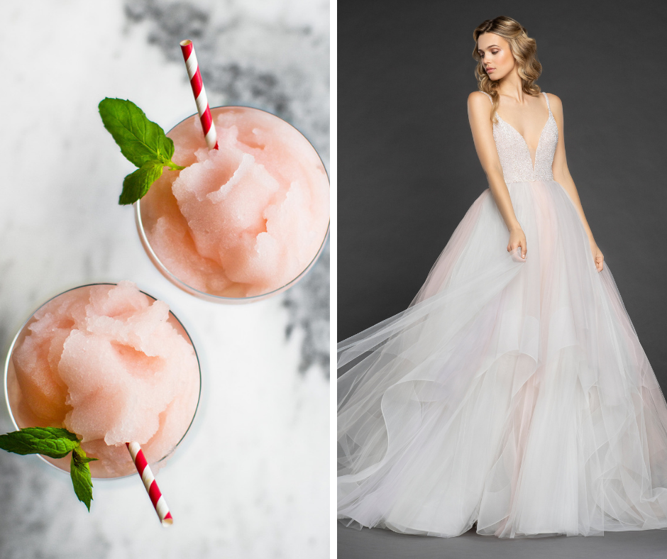 Which cocktail is your favorite? We've paired popular cocktails such as margaritas and martinis with a wedding dress to match! This combo is a Frozé and Hayley Paige Style HENNESSY