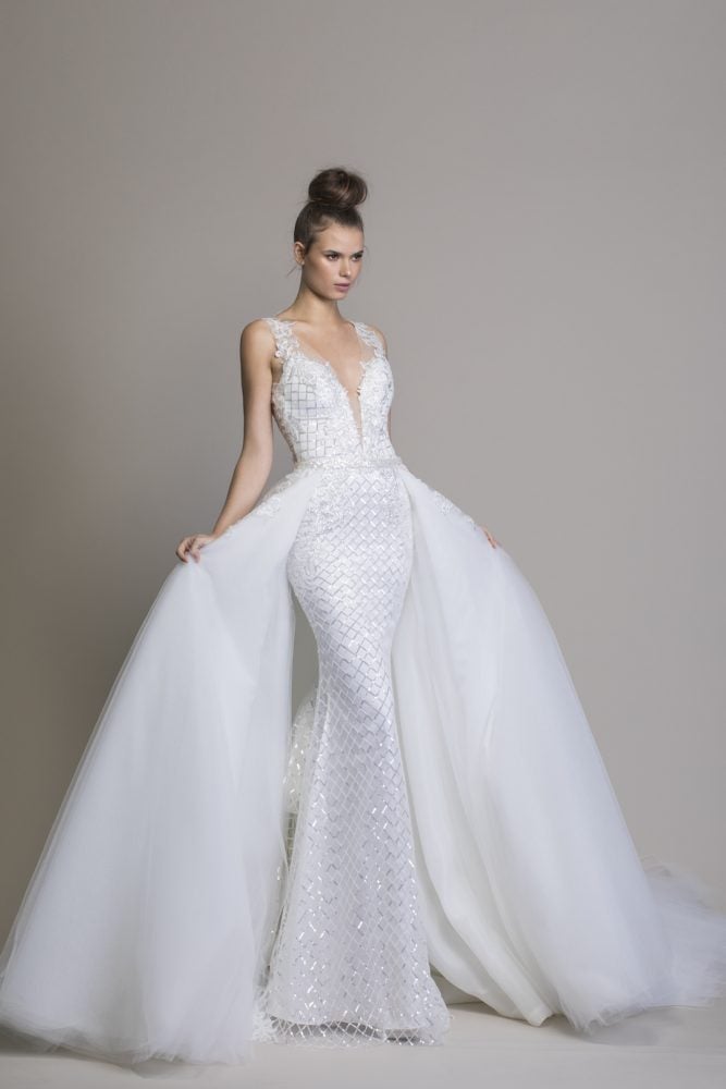 illusion lace and satin mermaid wedding dress