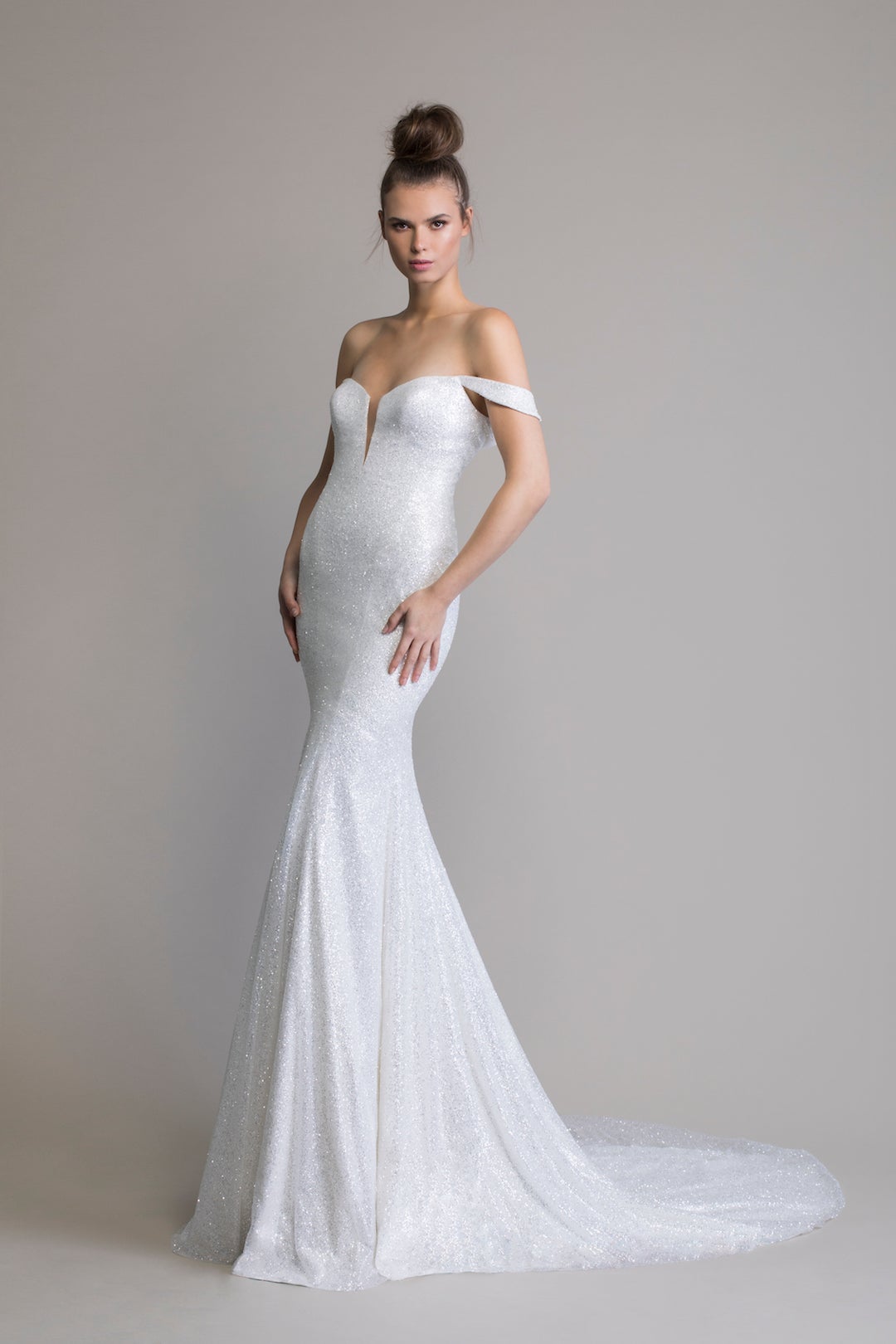 Off The Shoulder Glitter Sheath Wedding Dress | Kleinfeld ...