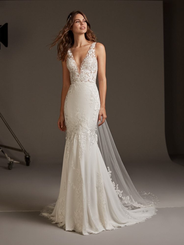 V neck crepe wedding dress Clearance