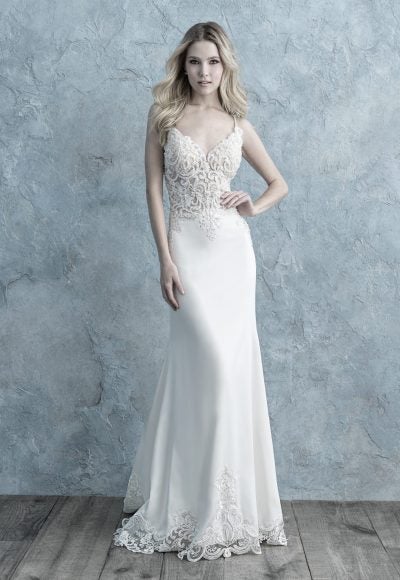 Spaghetti Strap Lace Bodice Crepe Sheath Wedding Dress by Allure Bridals
