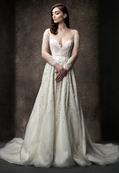 Long Sleeve Illusion A-line Wedding Dress by Enaura Bridal