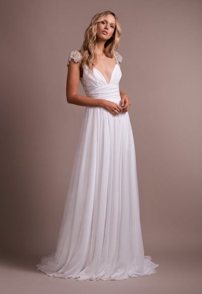 V-neck Rhinestone Cap Sleeve A-line Wedding Dress by Hayley Paige